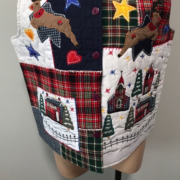 Reversal USA Quilted Christmas Vest Reindeer Plaid Snow Holiday Village Kitsch - Picture 3 of 5